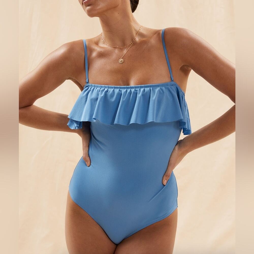 NEW & Other Stories Ruffle Frill Bathingsuit Womens 12 Blue One Piece Swim Wear